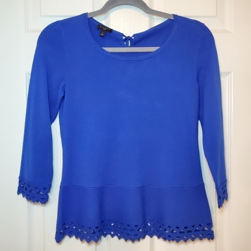 Talbots Top, Blue Viscose Knit 3/4 Sleeve Cut-Out Hem/Sleeve Ends Tie Neck, Sz P